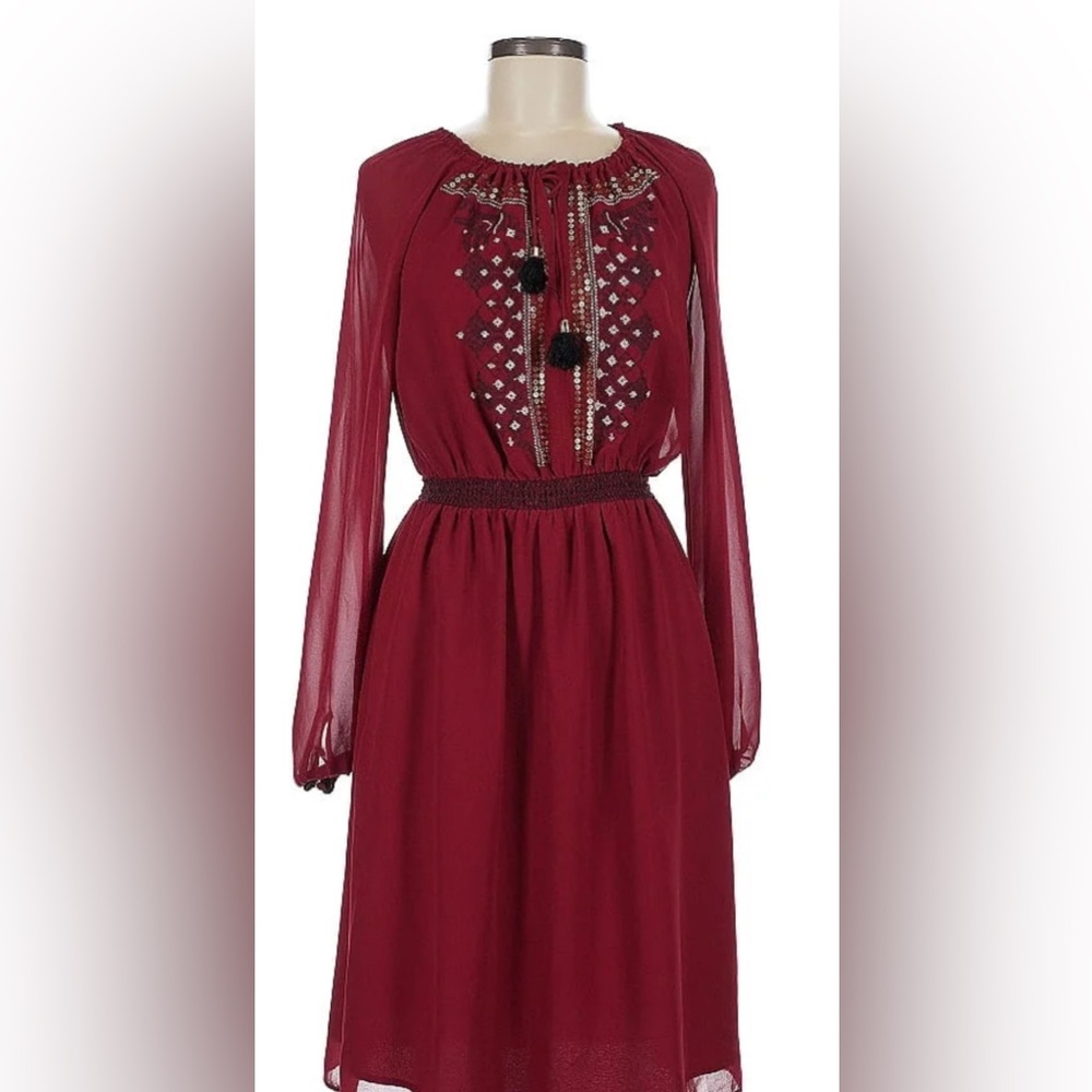 Altuzarra Burgundy Long Sleeve Organza Dress with Embroidery